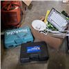 Image 1 : POWER FIST 18V DRILL WITH MAKITA TOOL CASE AND BOX OF WORK LIGHT SPRING ARM LIGHT AND MORE