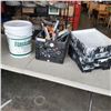 Image 1 : 5 GALLON PAIL OF LATEX DRYWALL PRIMER AND CRATE OF ROLLERS/BRUSHES