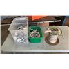 Image 1 : 2 BINS OF ELECTRICAL OUTLETS, SWITCHES, ELECTRICAL WIRE, COAT HOOKS