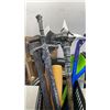 Image 2 : BASKET OF PROP WEAPONS INCLUDING STRAIGHT RAZOR LONGEST IS 38"
