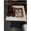 Image 1 : 2 TRAYS OF JEWELRY, PICTURE ALBUM FILE BOX, WOOD SHELVES AND LED CANDLES
