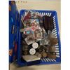 Image 2 : 2 TRAYS OF COLLECTIBLES, SALT AND PEPPER SHAKERS, CLOCK, BELL