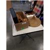 Image 1 : BOX OF WOOD COLLECTIBLES AND FIELD PICKERS WICKER HAT AND MORE