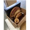 Image 3 : BOX OF WOOD COLLECTIBLES AND FIELD PICKERS WICKER HAT AND MORE