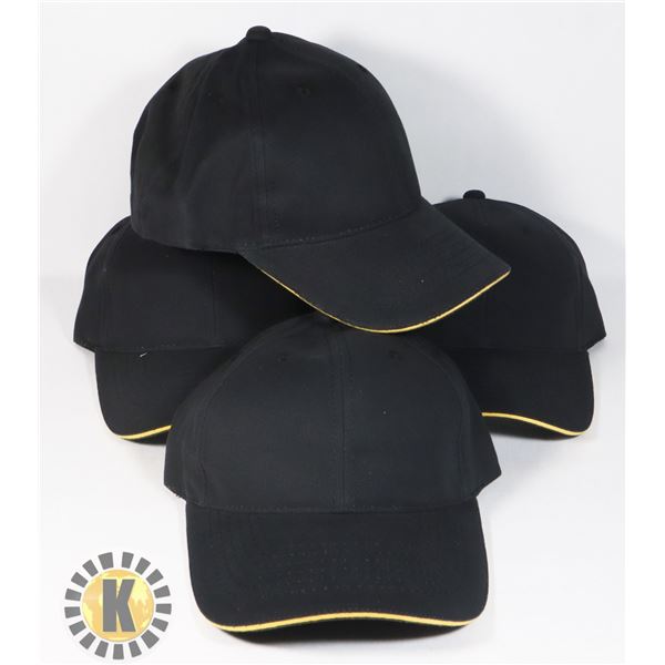 4 NEW BLACK WITH YELLOW TRIM ADJUSTABLE SIZE HATS