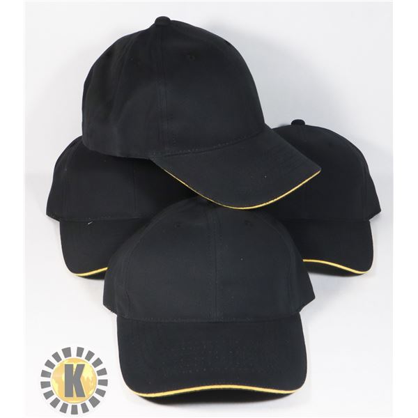 4 NEW BLACK WITH YELLOW TRIM ADJUSTABLE SIZE HATS