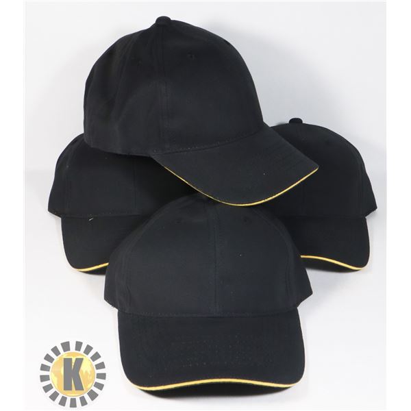 4 NEW BLACK WITH YELLOW TRIM ADJUSTABLE SIZE HATS