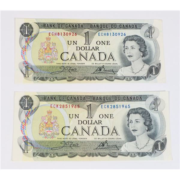 TWO GOOD CONDITION 1973 CANADIAN ONE DOLLAR NOTES