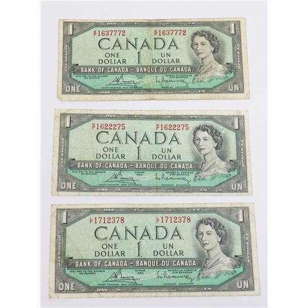 THREE 1954 CANADIAN 1 DOLLAR BANK NOTES