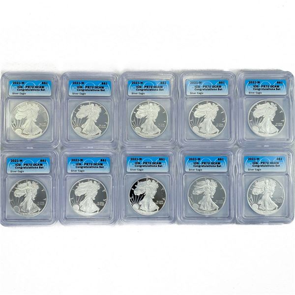 10 2021-W American Silver Eagles ICG-PR70 DCAM