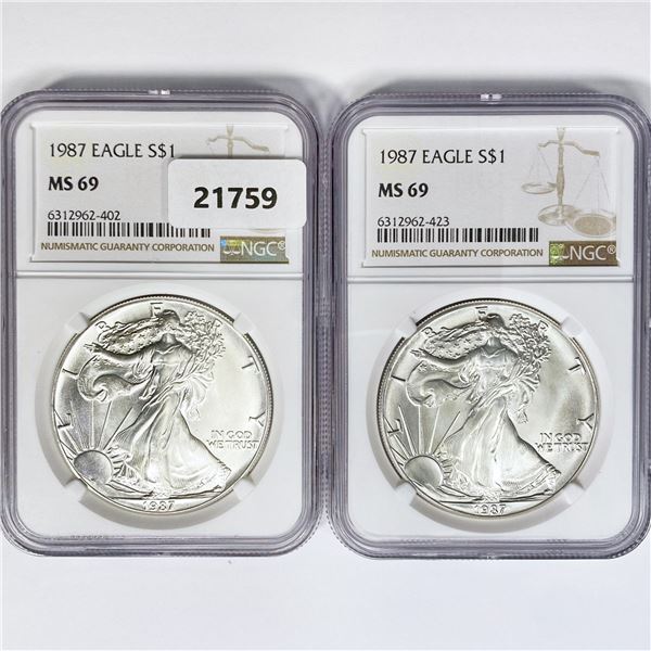 1987 Set (2) American Silver Eagles NGC MS69