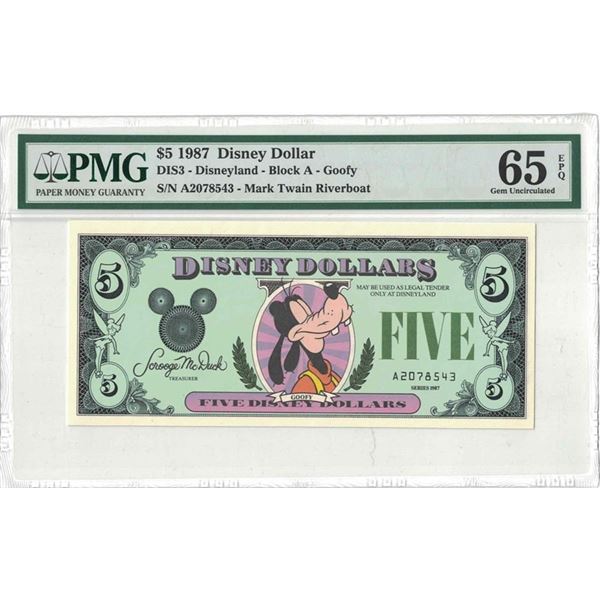 1987 $5 Goofy Disney Dollar PMG 65EPQ