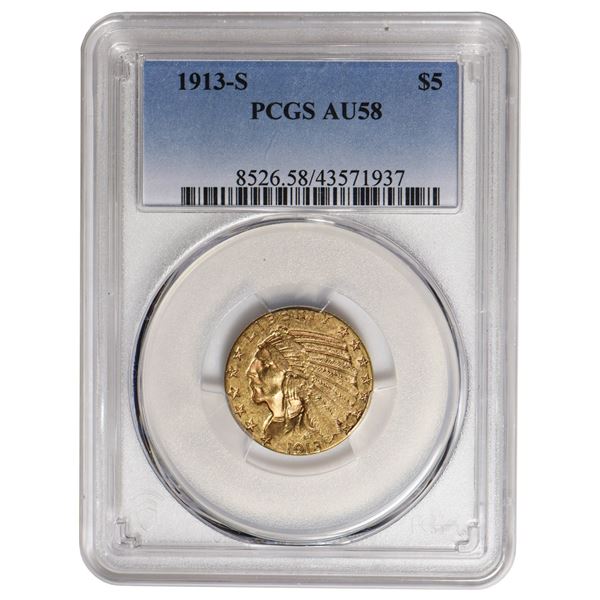 1913-S $5 Indian Head Half Eagle Gold Coin PCGS AU58