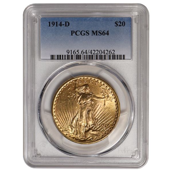 1914-D $20 St Gaudens Double Eagle Gold Coin PCGS MS64