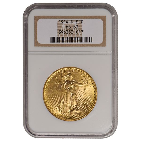 1914-D $20 St Gaudens Double Eagle Gold Coin NGC MS63