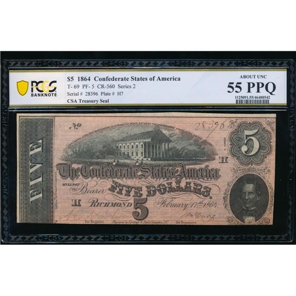 1864 $5 T-69 Confederate PCGS 55PPQ