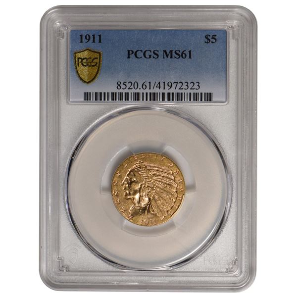1911 $5 Indian Head Half Eagle Gold Coin PCGS MS61