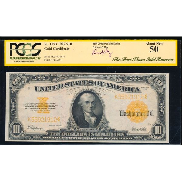 1922 $10 Gold Certificate PCGS 50