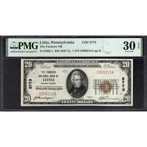 1929 $20 Lititz PA National PMG 30EPQ