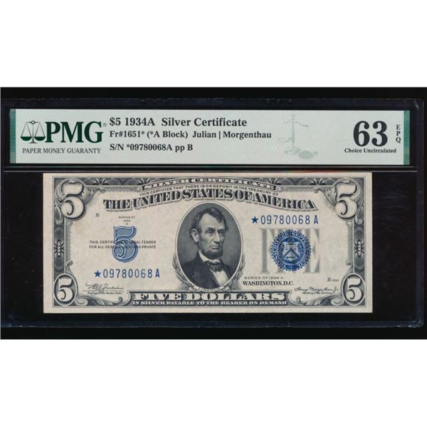 1934A $5 STAR Silver Certificate PMG 63EPQ
