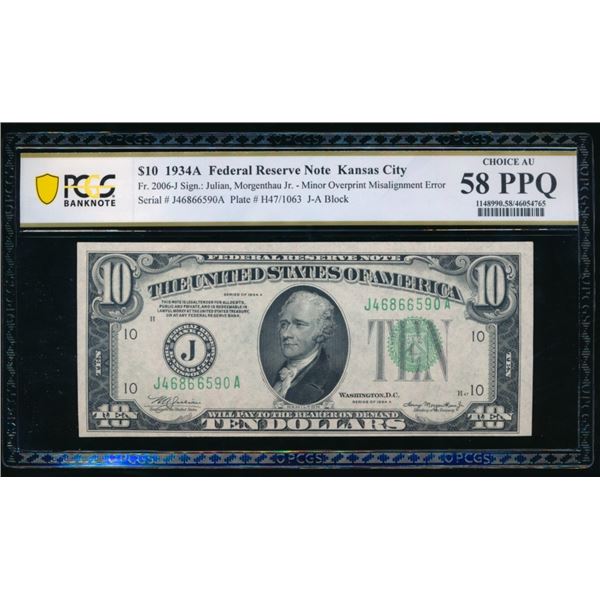 1934A $10 Kansas City FRN PCGS 58PPQ