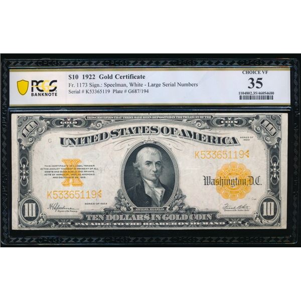 1922 $10 Gold Certificate PCGS 35