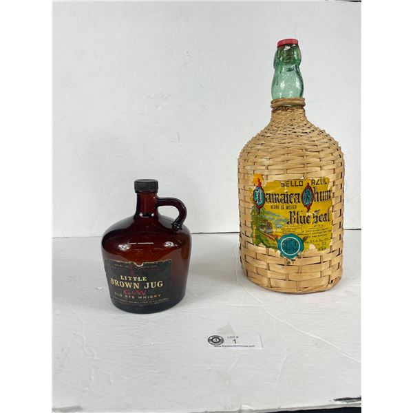 Vintage Wicker Wrapped  Jamaica Rhum  Bottle & Old G&W Little Brown Jug