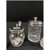 Image 2 : Antique Etched Glass Canister, Crystal Shakers w/ Sterling Tops and 1950s Jam Pot