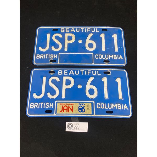 Vintage Pair BC British Columbia License Plates Expo86 Tag