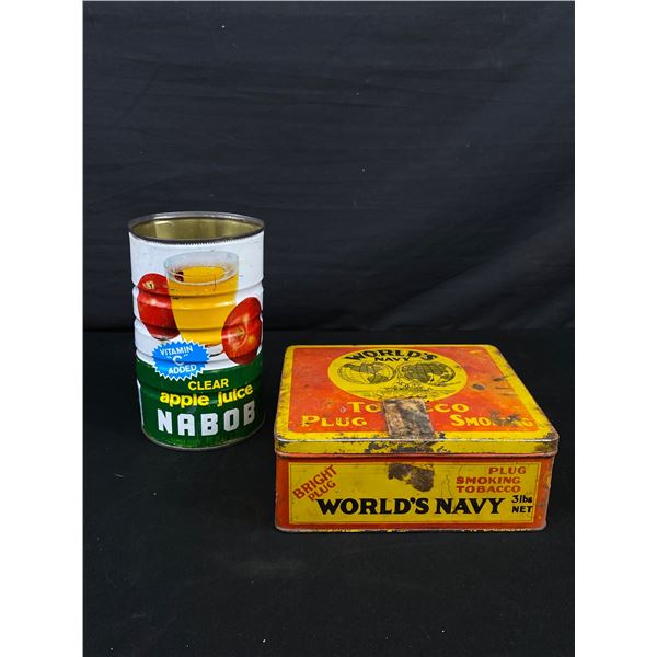 2 Vintage Tins. Nabob Apple Juice Can (No Lid) & World's Navy Tobacco Tin.