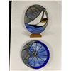 Image 1 : 2 Stained Glass Clocks. Moon 9 1/2" Diameter. Boat 12 1/2" H x 8 1/2" W. From Hobbyist Estate