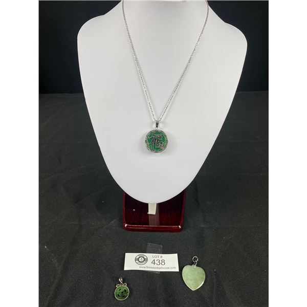 Lot Of 3 Jade Pendants & Sterling Silver Chain