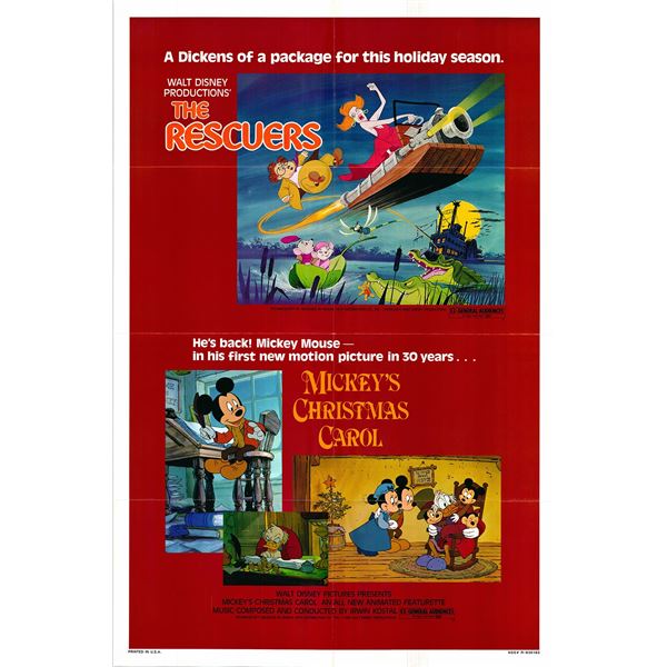 The Rescuers & Mickey's Christmas Carol original 1983R vintage combo one sheet