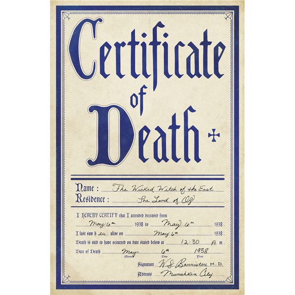 The Wizard Of Oz Wicked Witch Death Certificate prop print