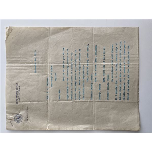 Governor of Texas 1911-1915 Oscar Branch Colquitt signed letter