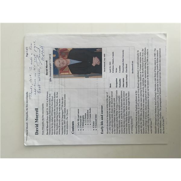 Best-selling  Rambo author David Morrell signed printed bio