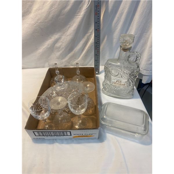 Old forester decanter, crystal and butter dish