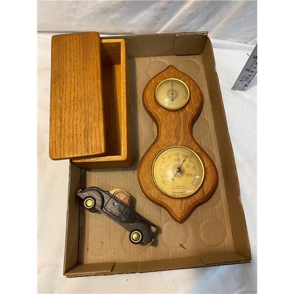 Wood box, barometer and wood car