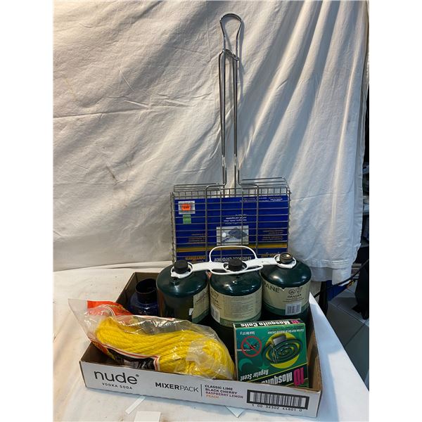 Basket grill, rope and propane bottles etc