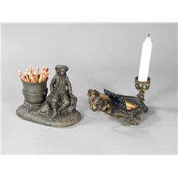 Lot of two metal match holders. Buccaneer and Cloisonne Dragon with candle.