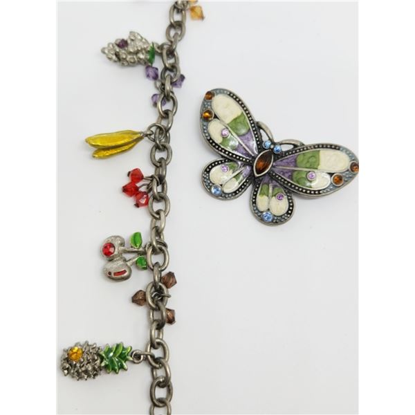 SILVER TONED ENAMEL/RHINESTONE BUTTERFLY