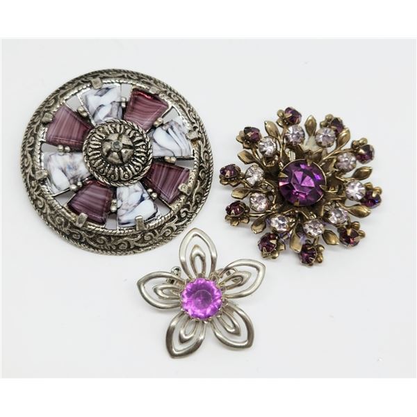 3-VINTAGE BROOCHES WITH PURPLE TONED