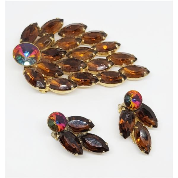 VTG SET! GOLD TONED AMBER RHINESTONE BROOCH