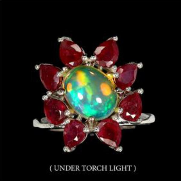 Natural Unheated Ethopian White Opal Ruby Ring