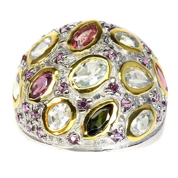 Natural Tourmaline Aquamarine Rhodolite Garnet Ring