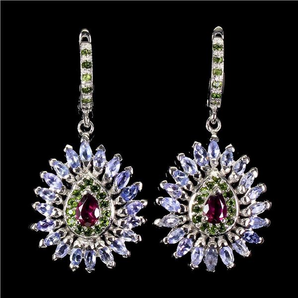 Natural Rhodolite Garnet Tanzanite Earrings