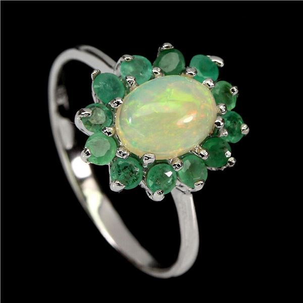 Natural White Ethiopian Opal & Colombian Emerald Ring