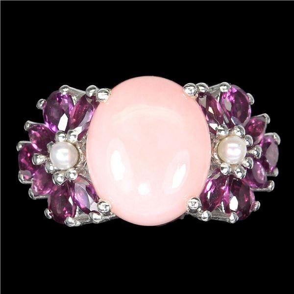 Natural Ethiopian Pink Opal Pearl Rhodolite Garnet  Ring