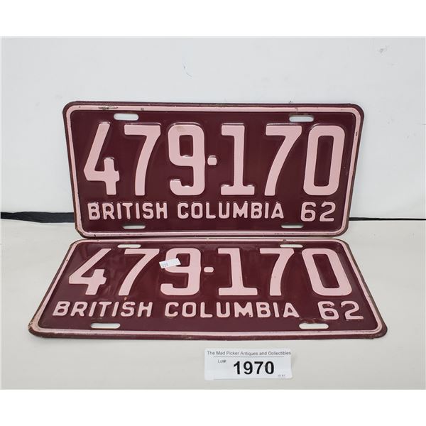 Pair Of Bc 1962 License Plates