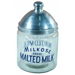 Milkose Brand Malted Milk Clear Glass Canister